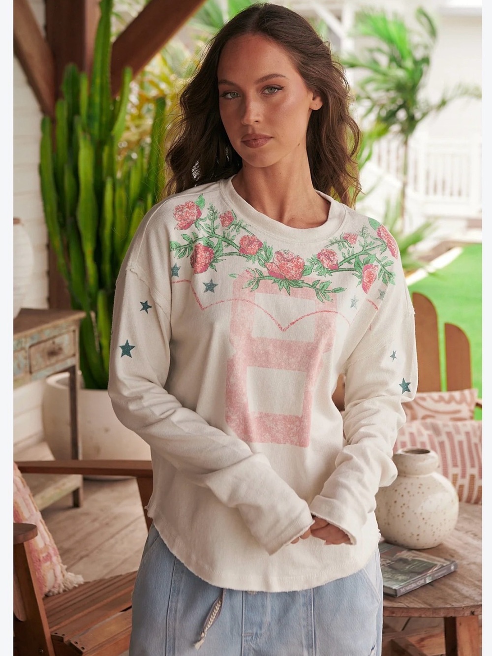 Free People Homestead T-Shirt Pullover with Pink Floral Yoke